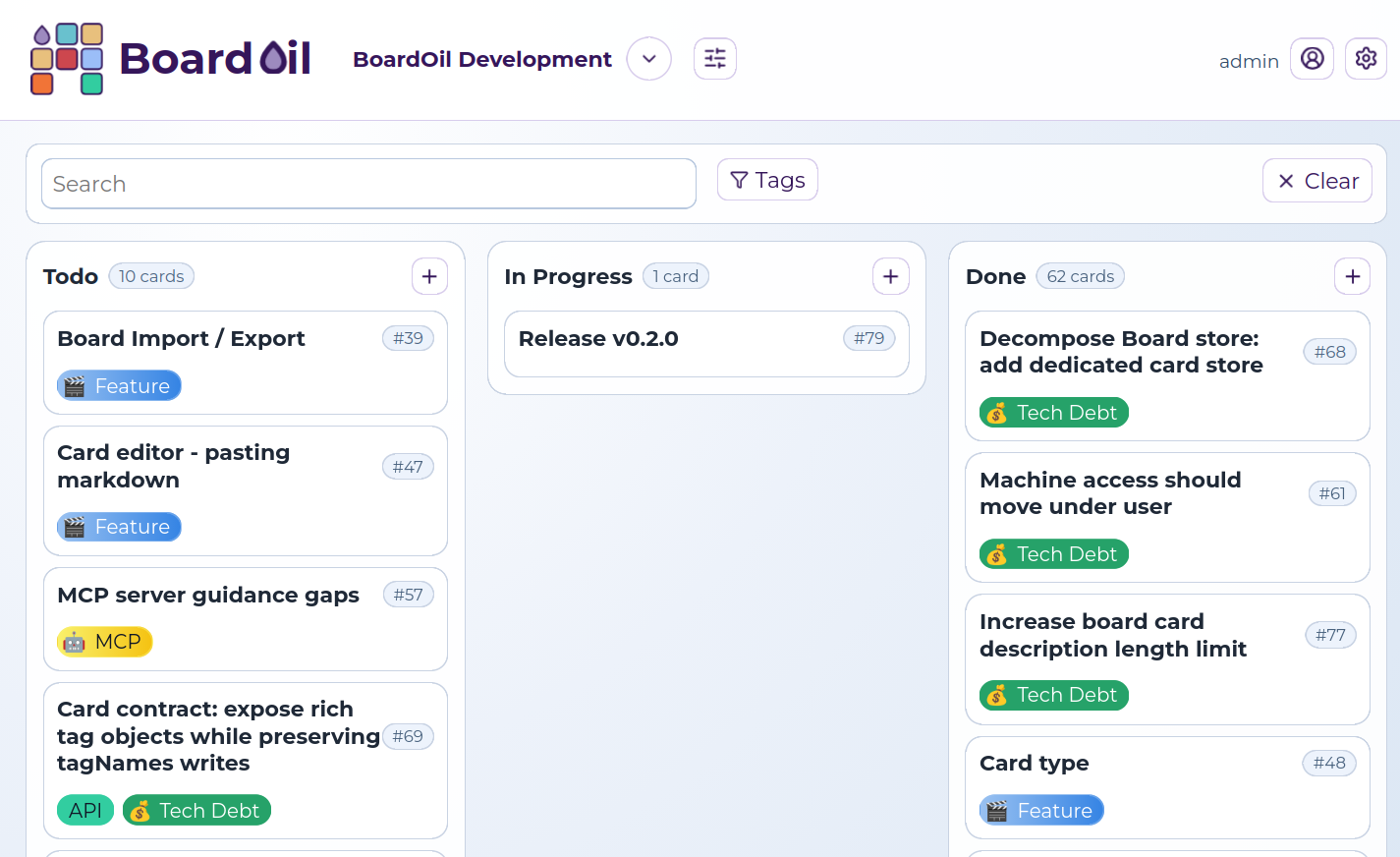 Board Oil board view showing columns and cards