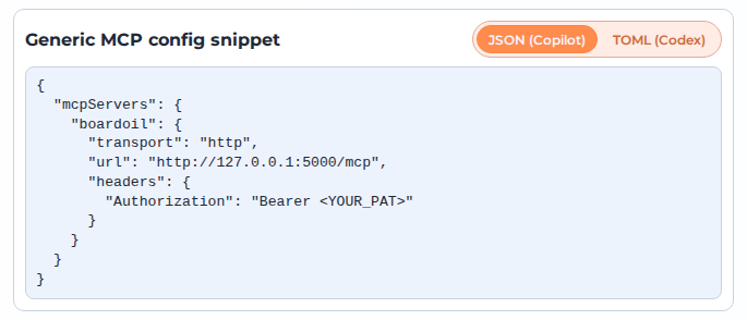 Mock Board Oil screen showing built in MCP server integration