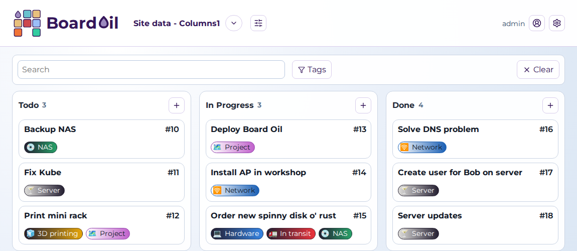 Mock Board Oil screen showing configurable columns example one
