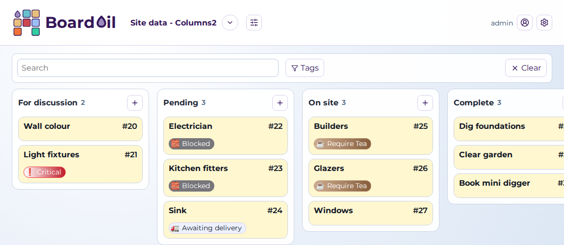 Mock Board Oil screen showing configurable columns example two